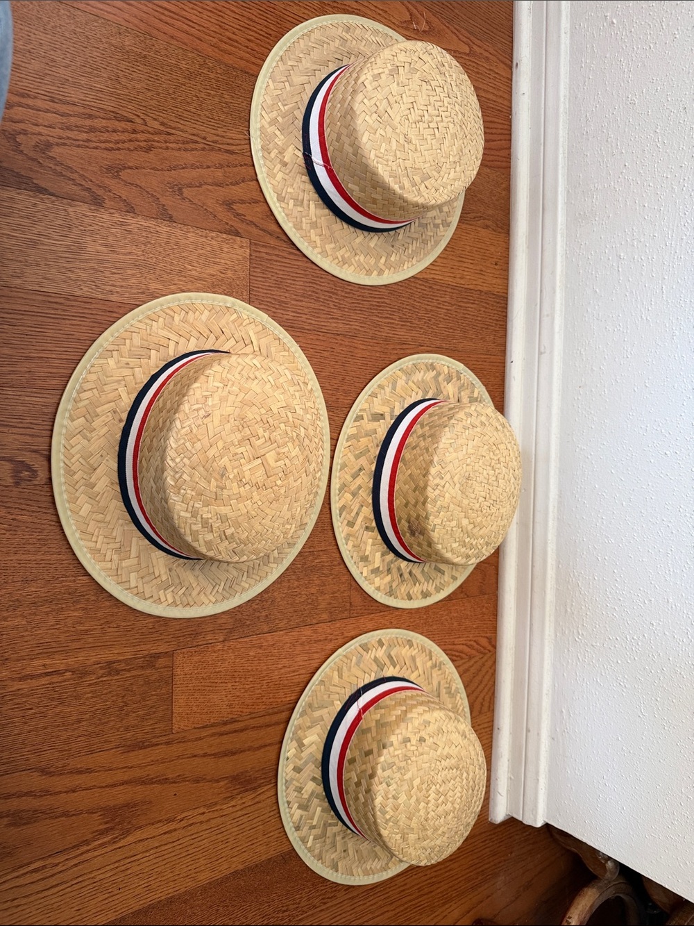 Straw Boater Hats  with Red, White & Blue Band set of four